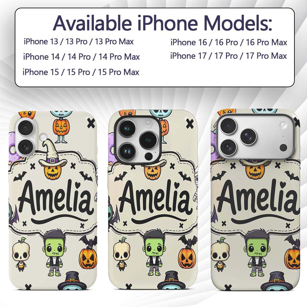 Cute Kawaii Halloween Mummy Bat Pumpkin Character Custom Name Protective Phone Case Mobile Cover Durable Everyday Smartphone Shock Resistant