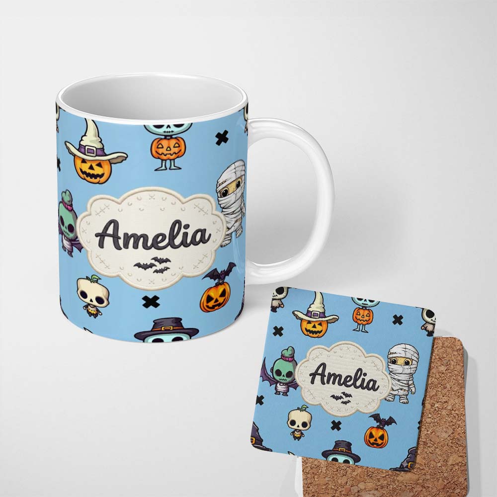 Personalized Custom Name Cute Halloween Characters Mummy Frankenstein Bat Blue Background 11oz Ceramic Coffee Tea Mug White Large Handle