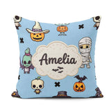 Custom Name Cute Halloween Characters Mummy Bat Blue Background Square Filled Cushion Throw Pillow Sofa Bed Home Decor Zip Washable UK Made