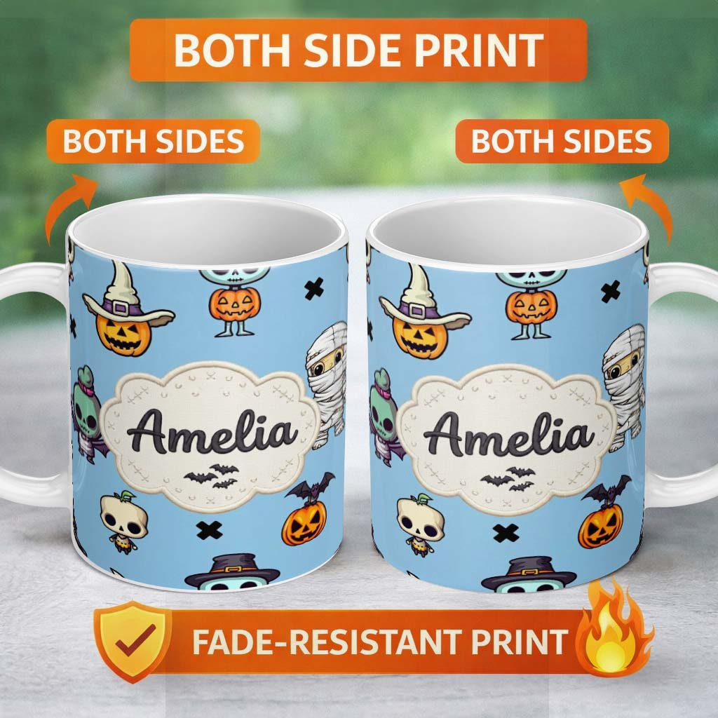 Personalized Custom Name Cute Halloween Characters Mummy Frankenstein Bat Blue Background 11oz Ceramic Coffee Tea Mug White Large Handle