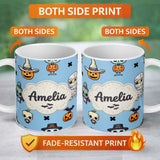 Personalized Custom Name Cute Halloween Characters Mummy Frankenstein Bat Blue Background 11oz Ceramic Coffee Tea Mug White Large Handle
