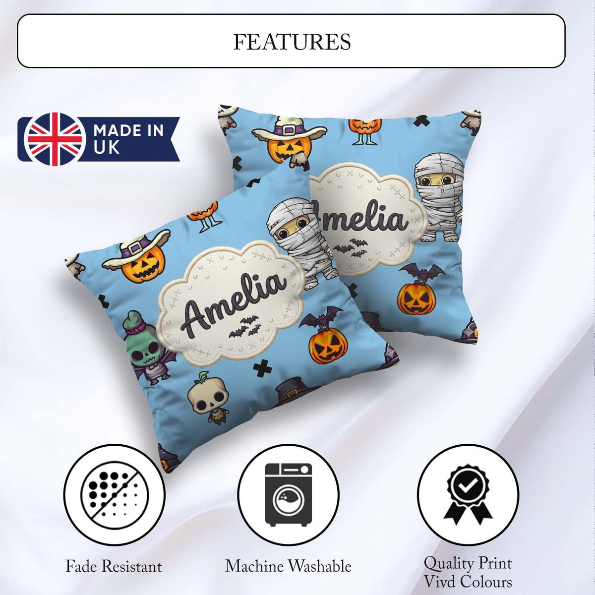 Custom Name Cute Halloween Characters Mummy Bat Blue Background Square Filled Cushion Throw Pillow Sofa Bed Home Decor Zip Washable UK Made