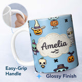 Personalized Custom Name Cute Halloween Characters Mummy Frankenstein Bat Blue Background 11oz Ceramic Coffee Tea Mug White Large Handle