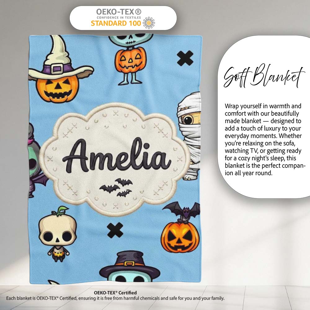 Cute Halloween Characters Mummy Frankenstein Bat Blue Background  Personalised Custom Name Super Soft Fleece Blanket Bed Sofa Throw