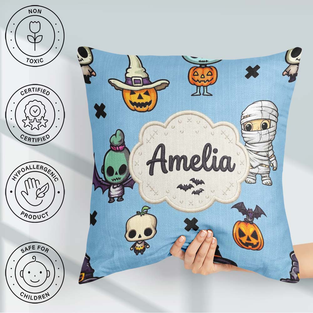 Custom Name Cute Halloween Characters Mummy Bat Blue Background Square Filled Cushion Throw Pillow Sofa Bed Home Decor Zip Washable UK Made