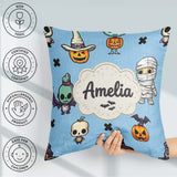 Custom Name Cute Halloween Characters Mummy Bat Blue Background Square Filled Cushion Throw Pillow Sofa Bed Home Decor Zip Washable UK Made