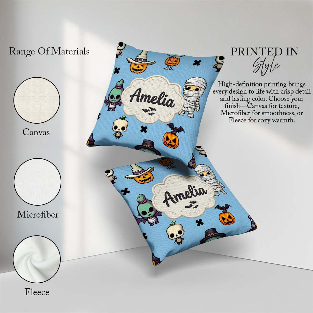 Custom Name Cute Halloween Characters Mummy Bat Blue Background Square Filled Cushion Throw Pillow Sofa Bed Home Decor Zip Washable UK Made