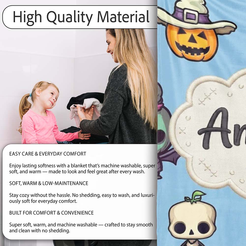 Cute Halloween Characters Mummy Frankenstein Bat Blue Background  Personalised Custom Name Super Soft Fleece Blanket Bed Sofa Throw
