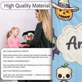 Cute Halloween Characters Mummy Frankenstein Bat Blue Background  Personalised Custom Name Super Soft Fleece Blanket Bed Sofa Throw