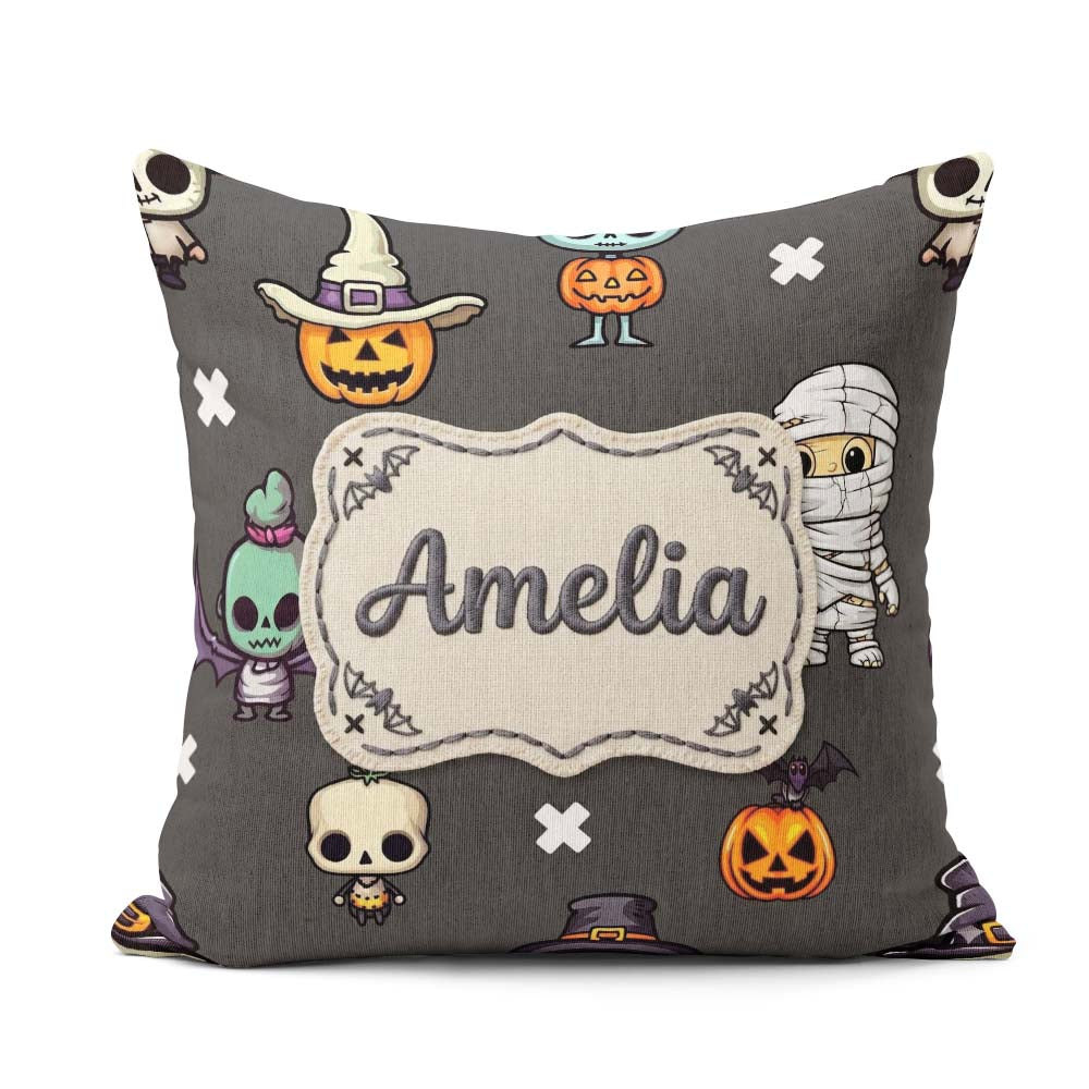 Custom Name Cute Halloween Characters Frankenstein Bat Dark Grey Square Filled Cushion Throw Pillow Sofa Bed Home Decor Zip Washable UK Made
