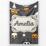 Cute Halloween Characters Mummy Frankenstein Bat Dark Grey  Personalised Custom Name Super Soft Fleece Blanket Bed Sofa Throw