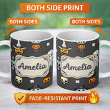 Personalized Custom Name Cute Halloween Characters Mummy Frankenstein Bat Dark Grey 11oz Ceramic Coffee Tea Mug White Large Handle