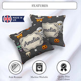 Custom Name Cute Halloween Characters Frankenstein Bat Dark Grey Square Filled Cushion Throw Pillow Sofa Bed Home Decor Zip Washable UK Made