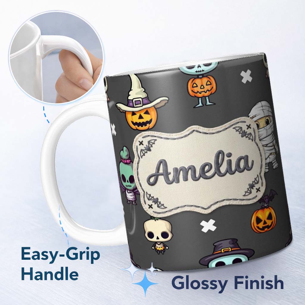Personalized Custom Name Cute Halloween Characters Mummy Frankenstein Bat Dark Grey 11oz Ceramic Coffee Tea Mug White Large Handle