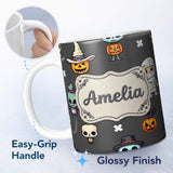 Personalized Custom Name Cute Halloween Characters Mummy Frankenstein Bat Dark Grey 11oz Ceramic Coffee Tea Mug White Large Handle