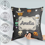 Custom Name Cute Halloween Characters Frankenstein Bat Dark Grey Square Filled Cushion Throw Pillow Sofa Bed Home Decor Zip Washable UK Made