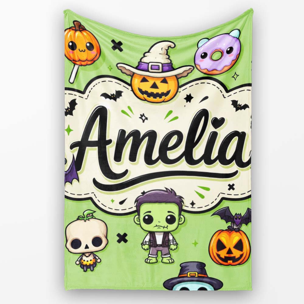 Cute Halloween Characters Mummy Frankenstein Bat Green Background  Personalised Custom Name Super Soft Fleece Blanket Bed Sofa Throw
