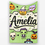Cute Halloween Characters Mummy Frankenstein Bat Green Background  Personalised Custom Name Super Soft Fleece Blanket Bed Sofa Throw