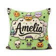 Custom Name Cute Halloween Characters Mummy Bat Green Background Square Filled Cushion Throw Pillow Sofa Bed Home Decor Zip Washable UK Made