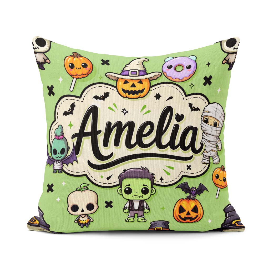 Custom Name Cute Halloween Characters Mummy Bat Green Background Square Filled Cushion Throw Pillow Sofa Bed Home Decor Zip Washable UK Made