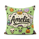 Custom Name Cute Halloween Characters Mummy Bat Green Background Square Filled Cushion Throw Pillow Sofa Bed Home Decor Zip Washable UK Made