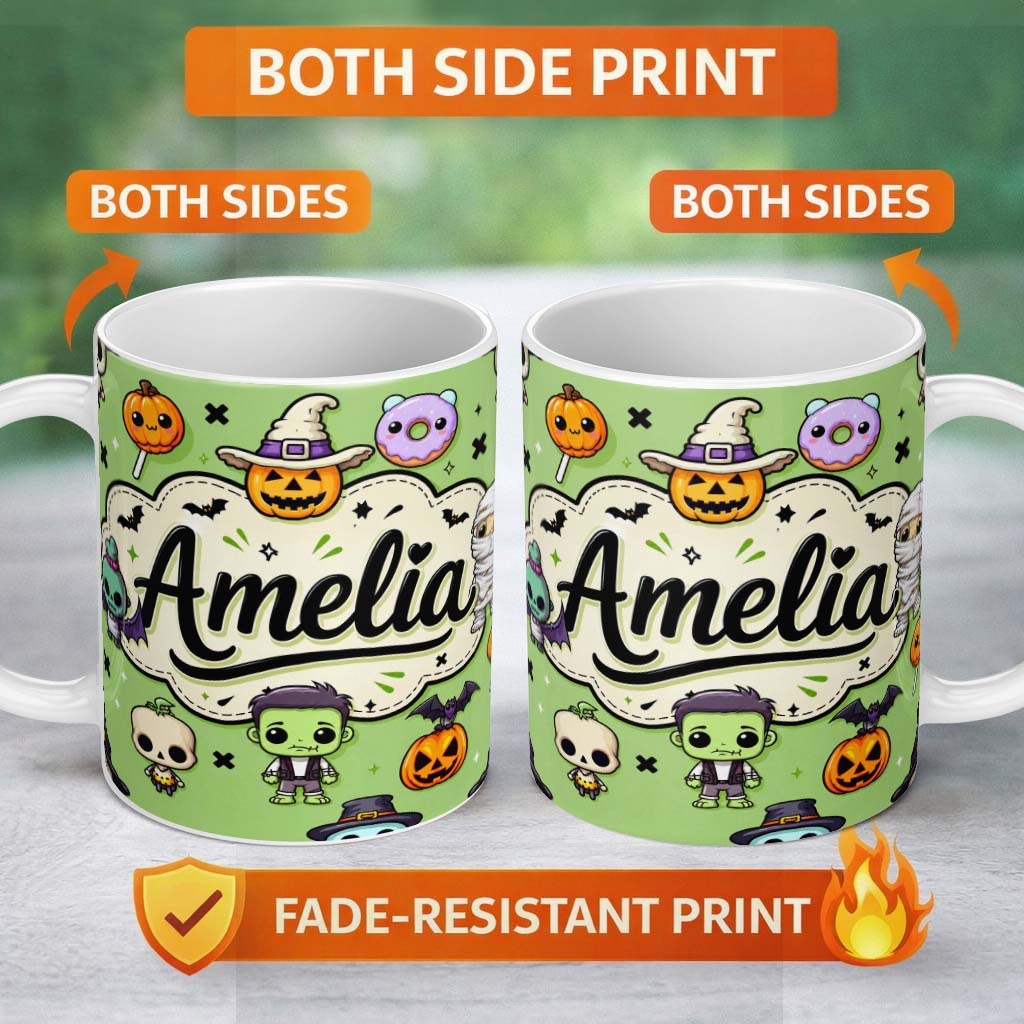 Personalized Custom Name Cute Halloween Characters Mummy Frankenstein Bat Green Background 11oz Ceramic Coffee Tea Mug White Large Handle