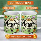 Personalized Custom Name Cute Halloween Characters Mummy Frankenstein Bat Green Background 11oz Ceramic Coffee Tea Mug White Large Handle