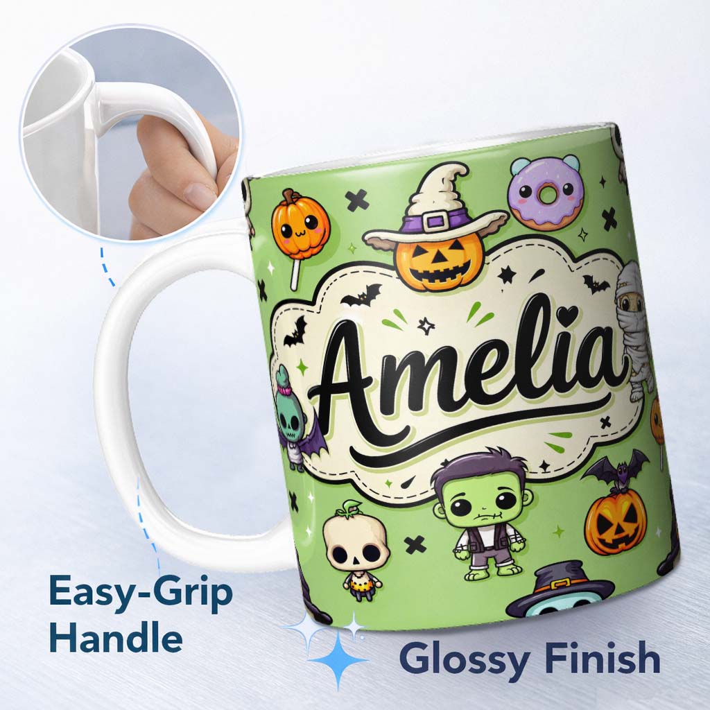 Personalized Custom Name Cute Halloween Characters Mummy Frankenstein Bat Green Background 11oz Ceramic Coffee Tea Mug White Large Handle