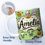 Personalized Custom Name Cute Halloween Characters Mummy Frankenstein Bat Green Background 11oz Ceramic Coffee Tea Mug White Large Handle