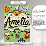 Cute Halloween Characters Mummy Frankenstein Bat Green Background  Personalised Custom Name Super Soft Fleece Blanket Bed Sofa Throw