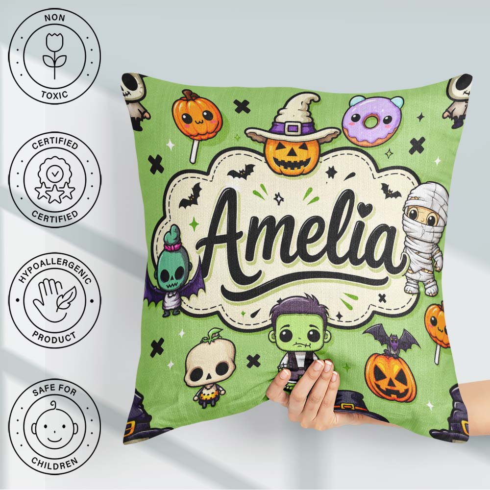 Custom Name Cute Halloween Characters Mummy Bat Green Background Square Filled Cushion Throw Pillow Sofa Bed Home Decor Zip Washable UK Made