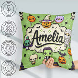 Custom Name Cute Halloween Characters Mummy Bat Green Background Square Filled Cushion Throw Pillow Sofa Bed Home Decor Zip Washable UK Made