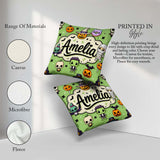 Custom Name Cute Halloween Characters Mummy Bat Green Background Square Filled Cushion Throw Pillow Sofa Bed Home Decor Zip Washable UK Made