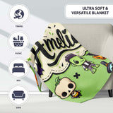 Cute Halloween Characters Mummy Frankenstein Bat Green Background  Personalised Custom Name Super Soft Fleece Blanket Bed Sofa Throw