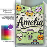 Cute Halloween Characters Mummy Frankenstein Bat Green Background  Personalised Custom Name Super Soft Fleece Blanket Bed Sofa Throw