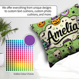 Custom Name Cute Halloween Characters Mummy Bat Green Background Square Filled Cushion Throw Pillow Sofa Bed Home Decor Zip Washable UK Made