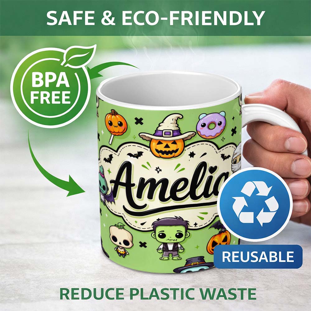 Personalized Custom Name Cute Halloween Characters Mummy Frankenstein Bat Green Background 11oz Ceramic Coffee Tea Mug White Large Handle