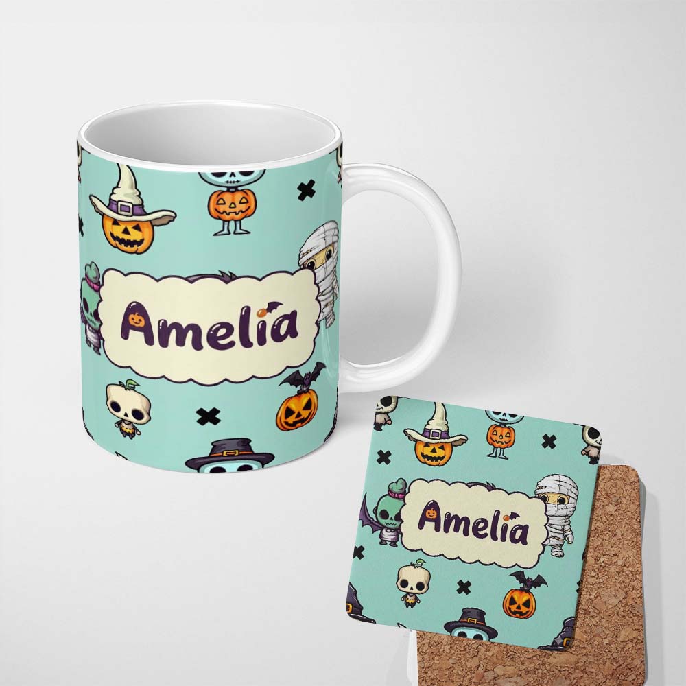Personalized Custom Name Cute Halloween Characters Mummy Frankenstein Bat Teal Background 11oz Ceramic Coffee Tea Mug White Large Handle