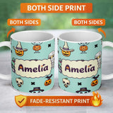 Personalized Custom Name Cute Halloween Characters Mummy Frankenstein Bat Teal Background 11oz Ceramic Coffee Tea Mug White Large Handle