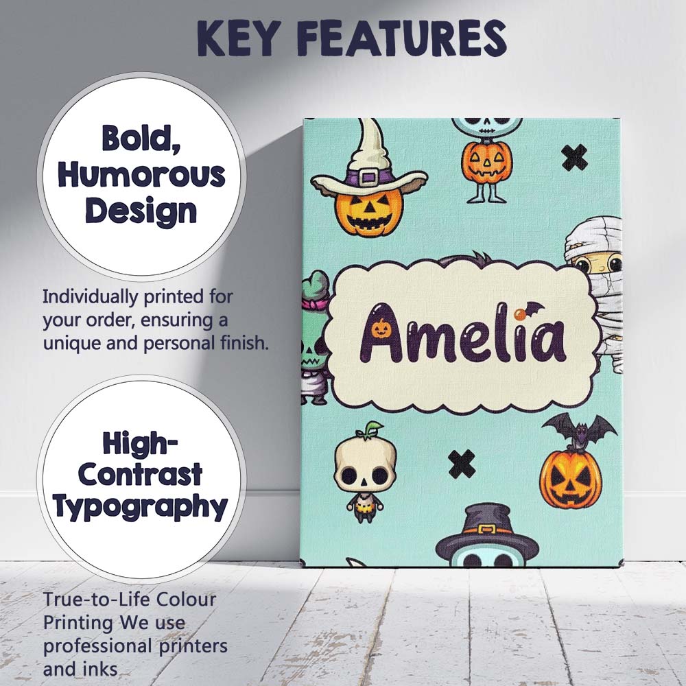 Personalised Name Cute Halloween Characters Custom  Bespoke Interior Contemporary Canvas Wall Art Print Decor Picture Ready to Hang