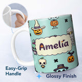 Personalized Custom Name Cute Halloween Characters Mummy Frankenstein Bat Teal Background 11oz Ceramic Coffee Tea Mug White Large Handle