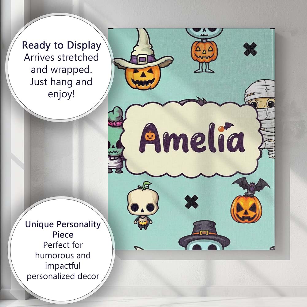Personalised Name Cute Halloween Characters Custom  Bespoke Interior Contemporary Canvas Wall Art Print Decor Picture Ready to Hang