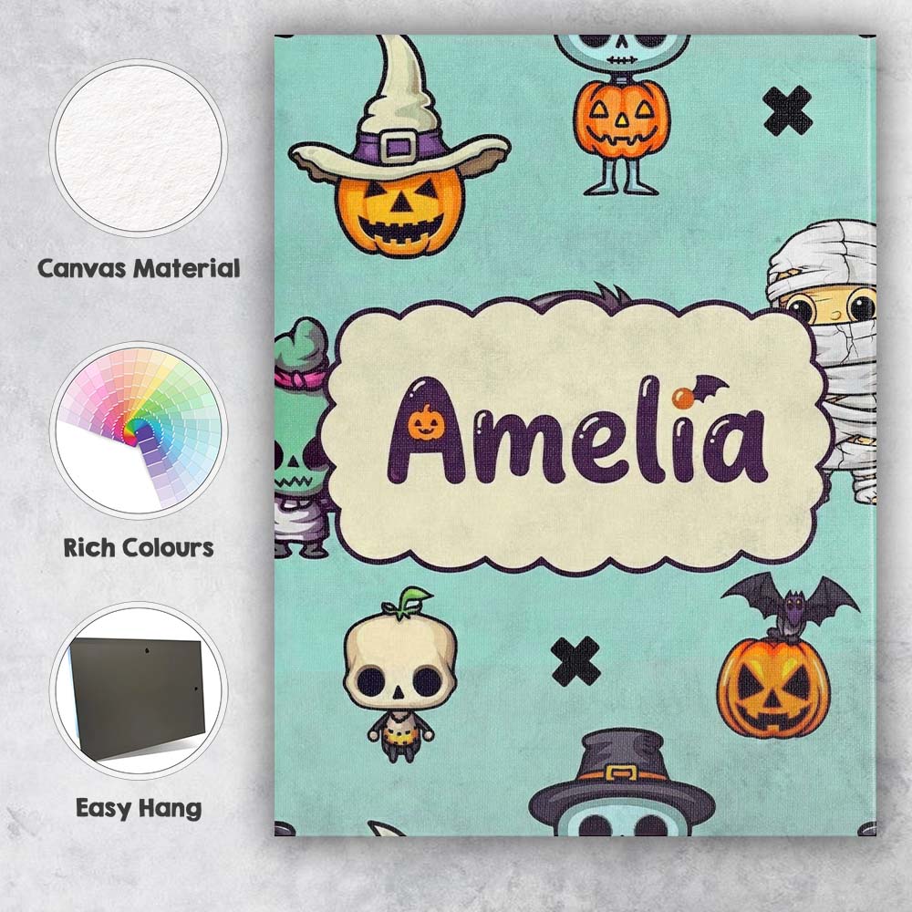 Personalised Name Cute Halloween Characters Custom  Bespoke Interior Contemporary Canvas Wall Art Print Decor Picture Ready to Hang