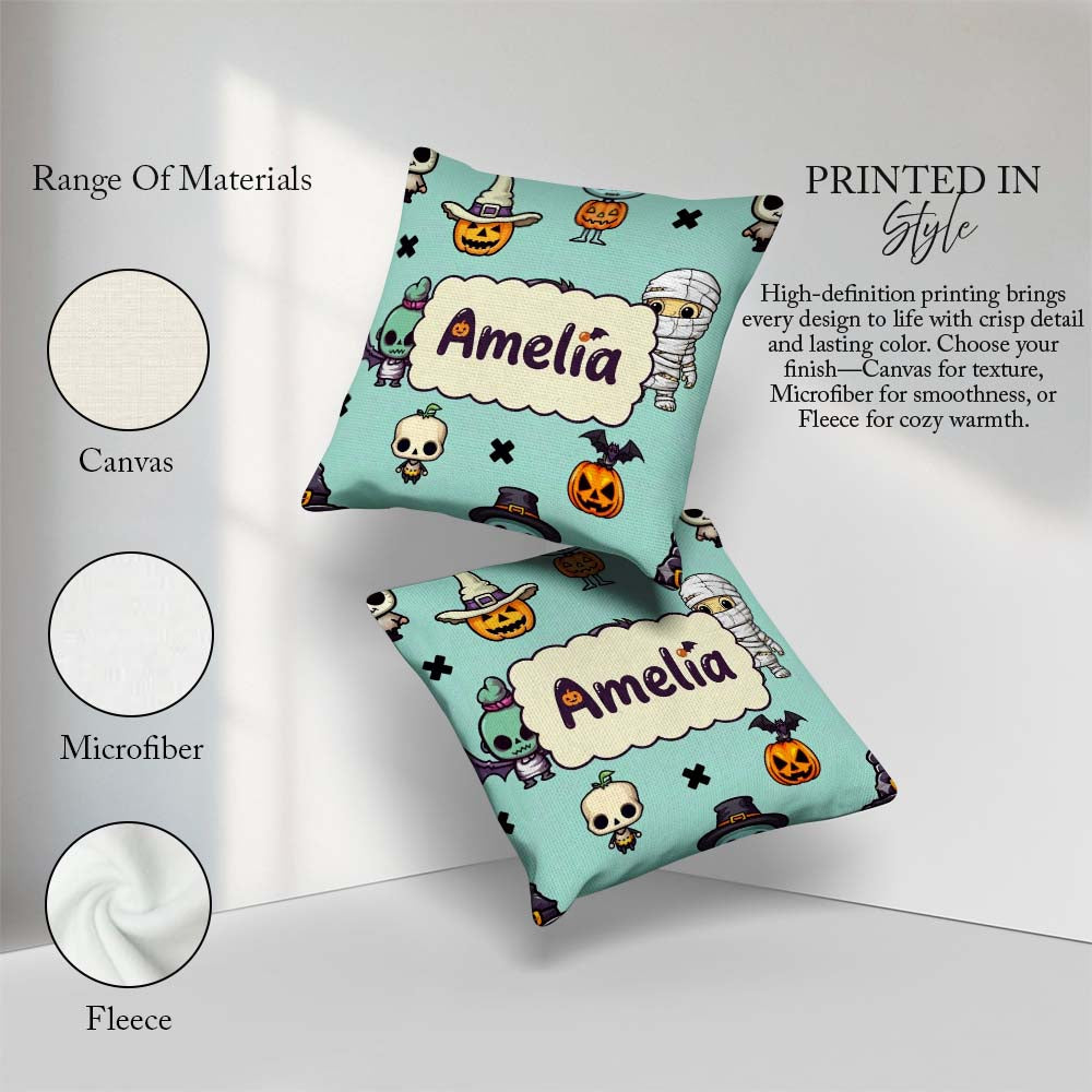 Custom Name Cute Halloween Characters Mummy Bat Teal Background Square Filled Cushion Throw Pillow Sofa Bed Home Decor Zip Washable UK Made
