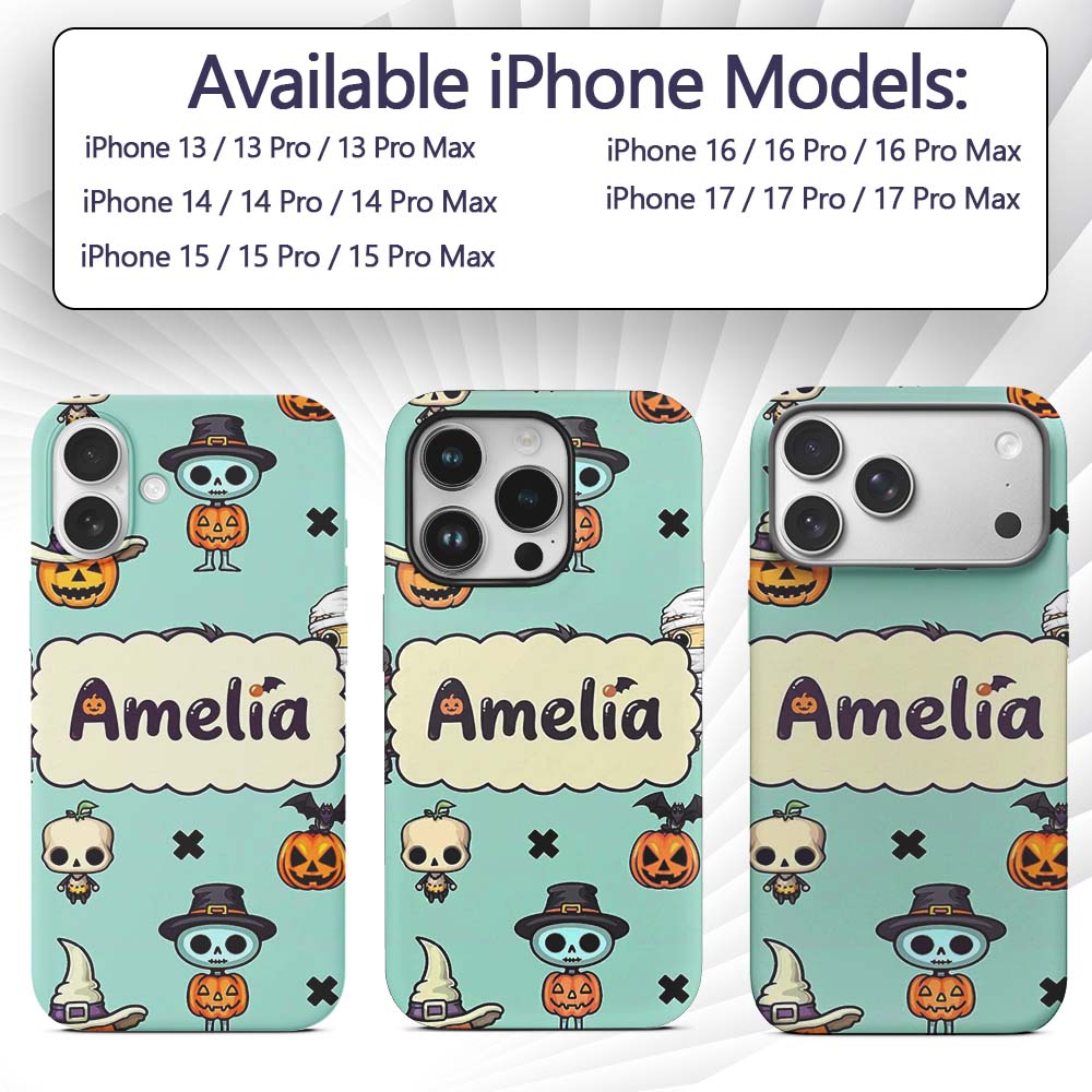 Cute Halloween Characters Mummy Frankenstein Bat Custom Name Protective Phone Case Mobile Cover Durable Everyday Smartphone Shock Resistant