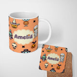 Personalized Custom Name Cute Halloween Characters Mummy Frankenstein Bat Orange Background 11oz Ceramic Coffee Tea Mug White Large Handle