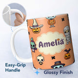 Personalized Custom Name Cute Halloween Characters Mummy Frankenstein Bat Orange Background 11oz Ceramic Coffee Tea Mug White Large Handle