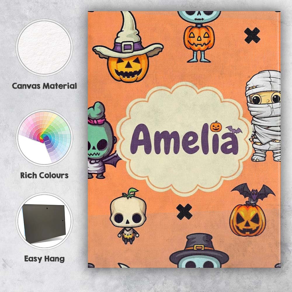 Personalised Name Cute Halloween Characters Custom  Bespoke Interior Contemporary Canvas Wall Art Print Decor Picture Ready to Hang