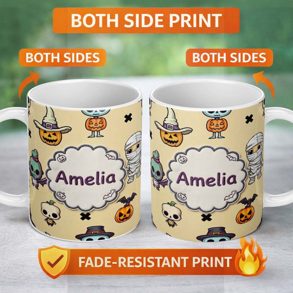 Personalized Custom Name Cute Halloween Characters Mummy Frankenstein Bat Beige Background 11oz Ceramic Coffee Tea Mug White Large Handle