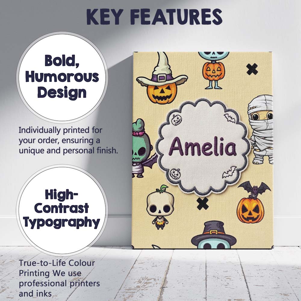 Personalised Name Cute Halloween Characters Custom  Bespoke Interior Contemporary Canvas Wall Art Print Decor Picture Ready to Hang